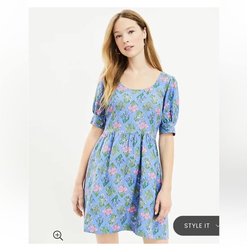 LOFT Blue Dress with Pink and Green Floral Design